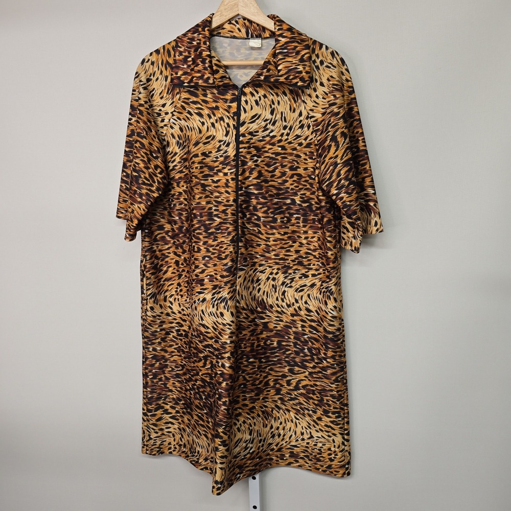 Vintage Leopard Print Zip Front Short Sleeve House Dress Robe K8370 Large